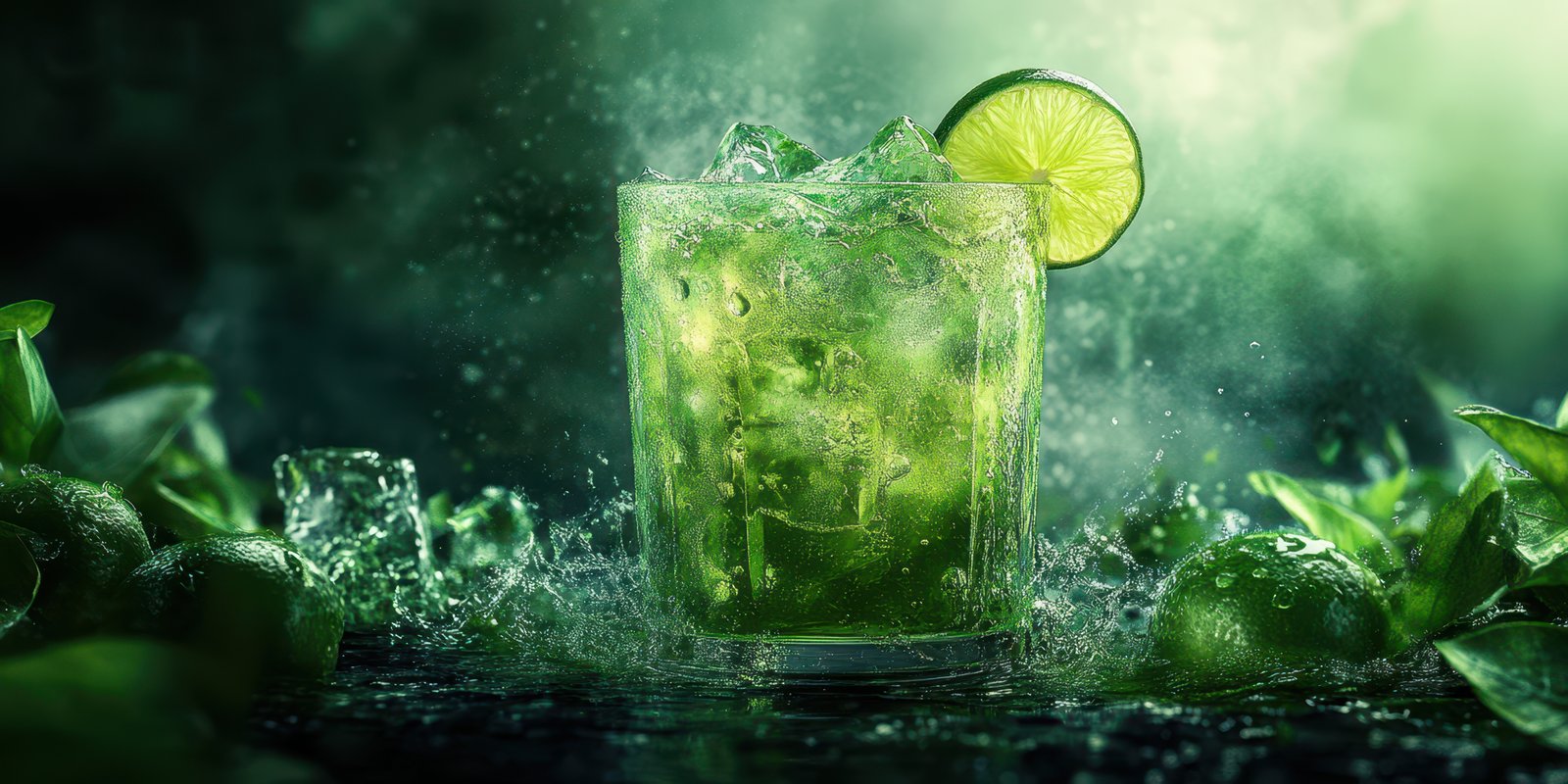 Refreshing green cocktail with lime and ice surrounded by fresh mint and limes
